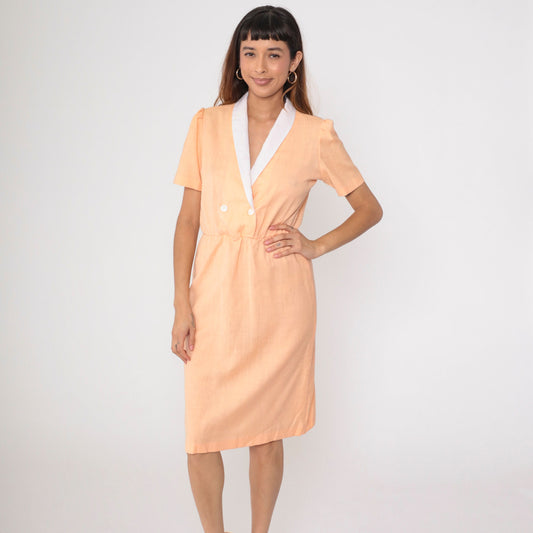 80s Peach Wrap Dress Midi Double Breasted Puff Sleeve Secretary Medium