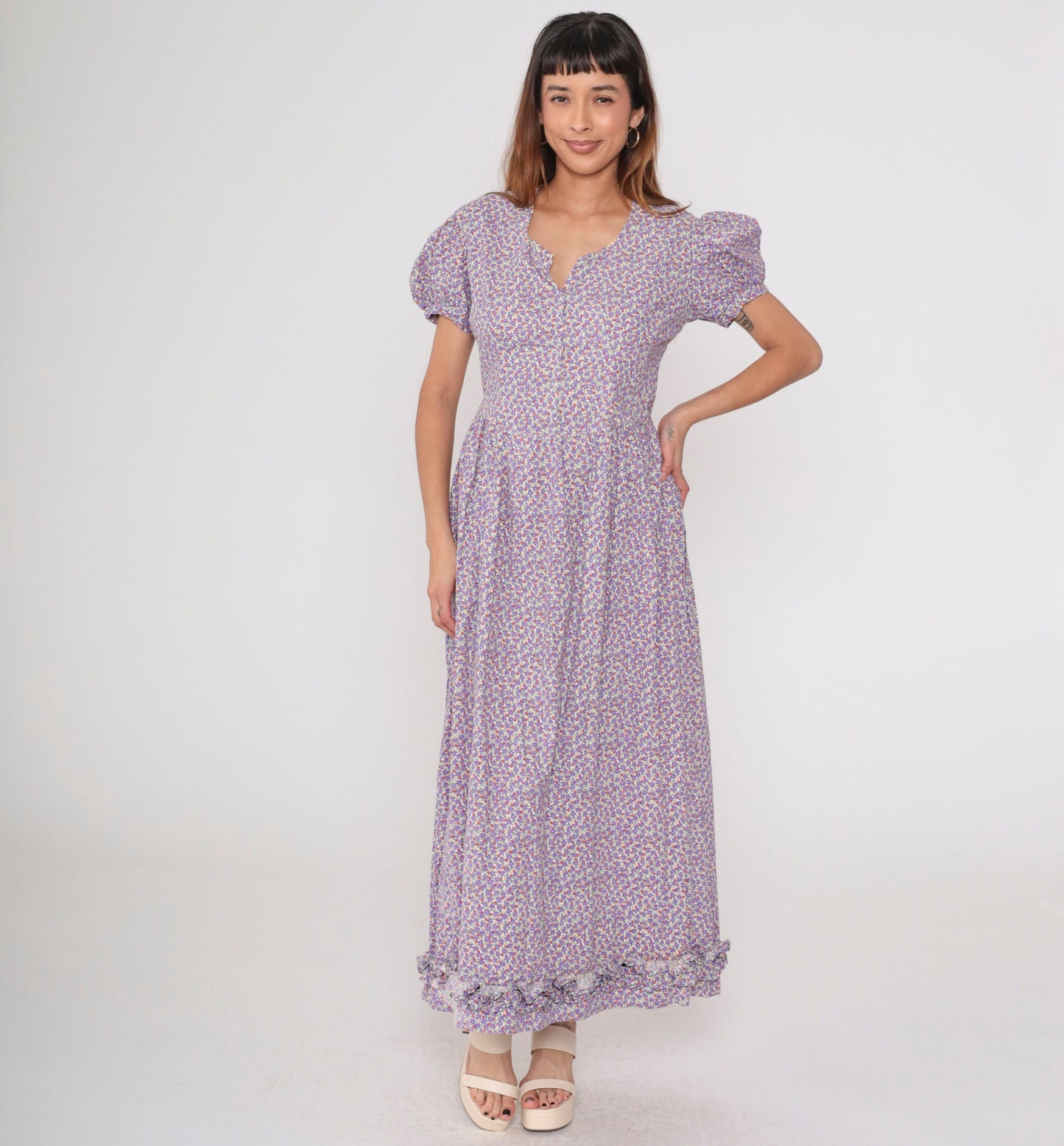 70s Purple Calico Floral Maxi Dress Puff Sleeve Low Waist Medium