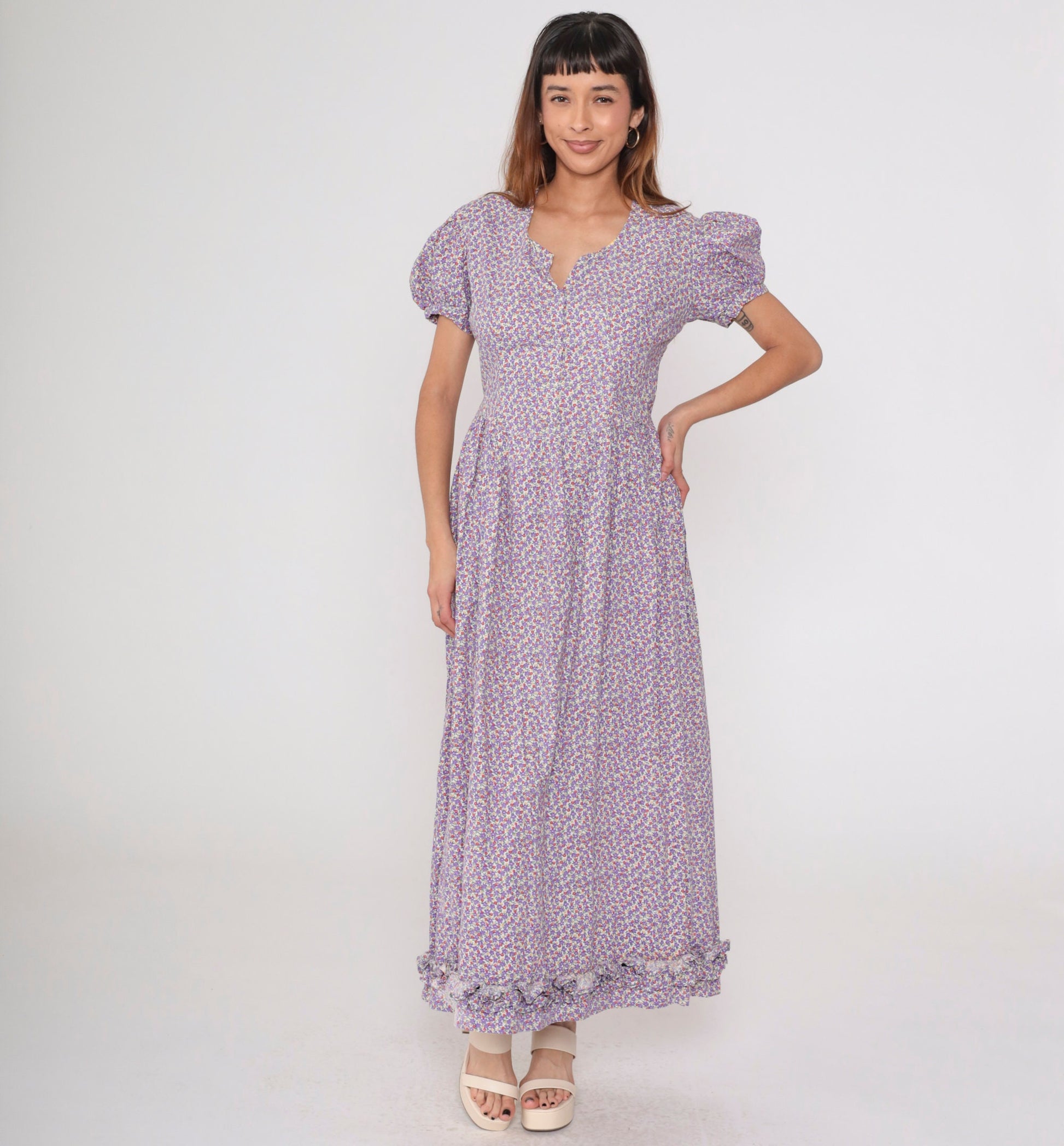 70s Purple Calico Floral Maxi Dress Puff Sleeve Low Waist Medium