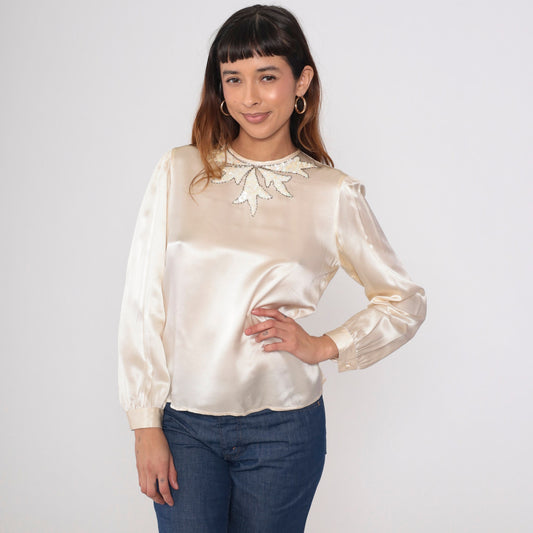 80s Lloyd Williams Silk Blouse Cream Sequin Leaf Beaded Puff Sleeve Medium