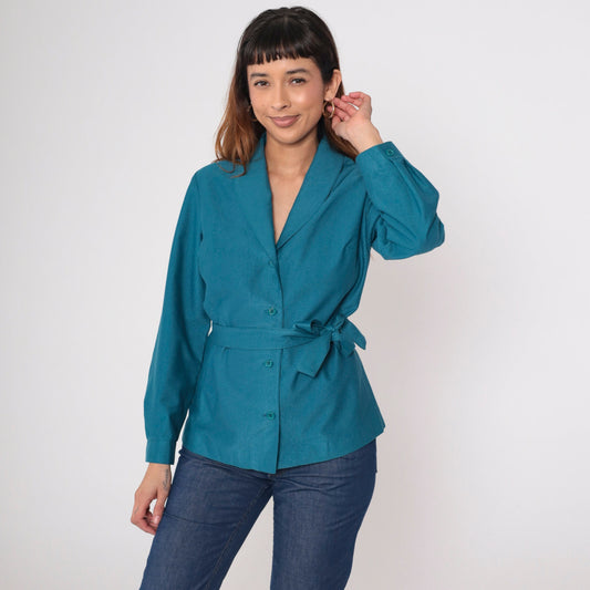 70s Teal Blue Belted Shawl Collar Jacket Ribbed Button Up Medium