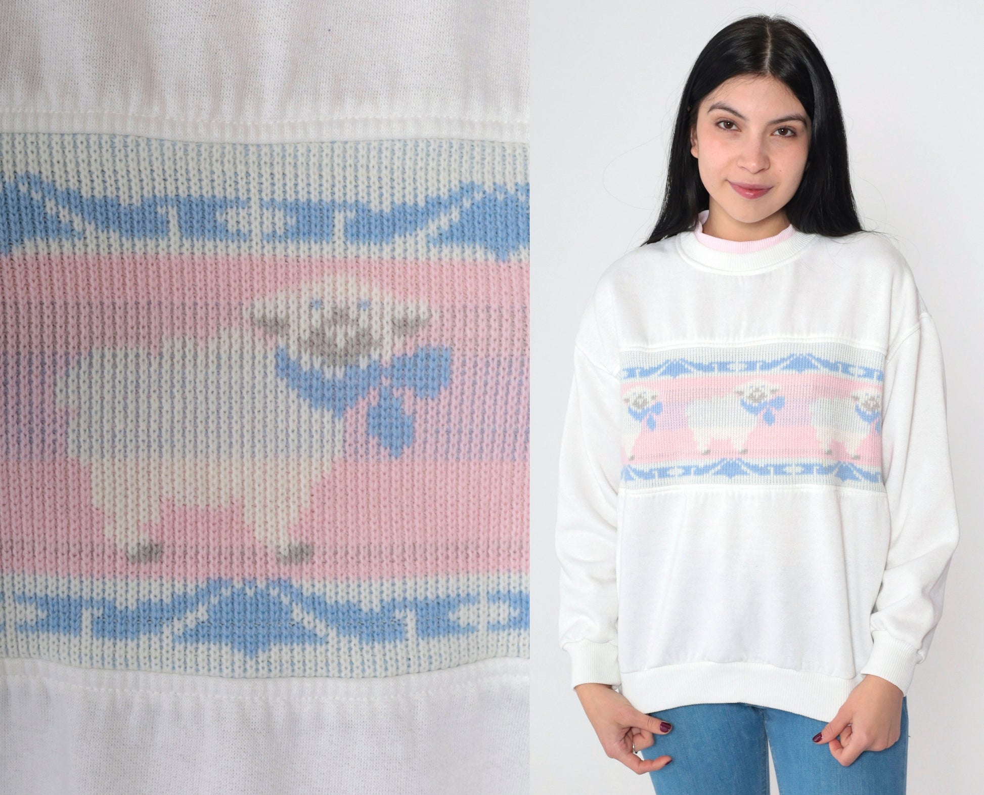 90s Sheep Graphic Sweatshirt White Ribbed Knit Crewneck Medium M