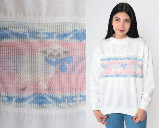 90s Sheep Graphic Sweatshirt White Ribbed Knit Crewneck Medium M