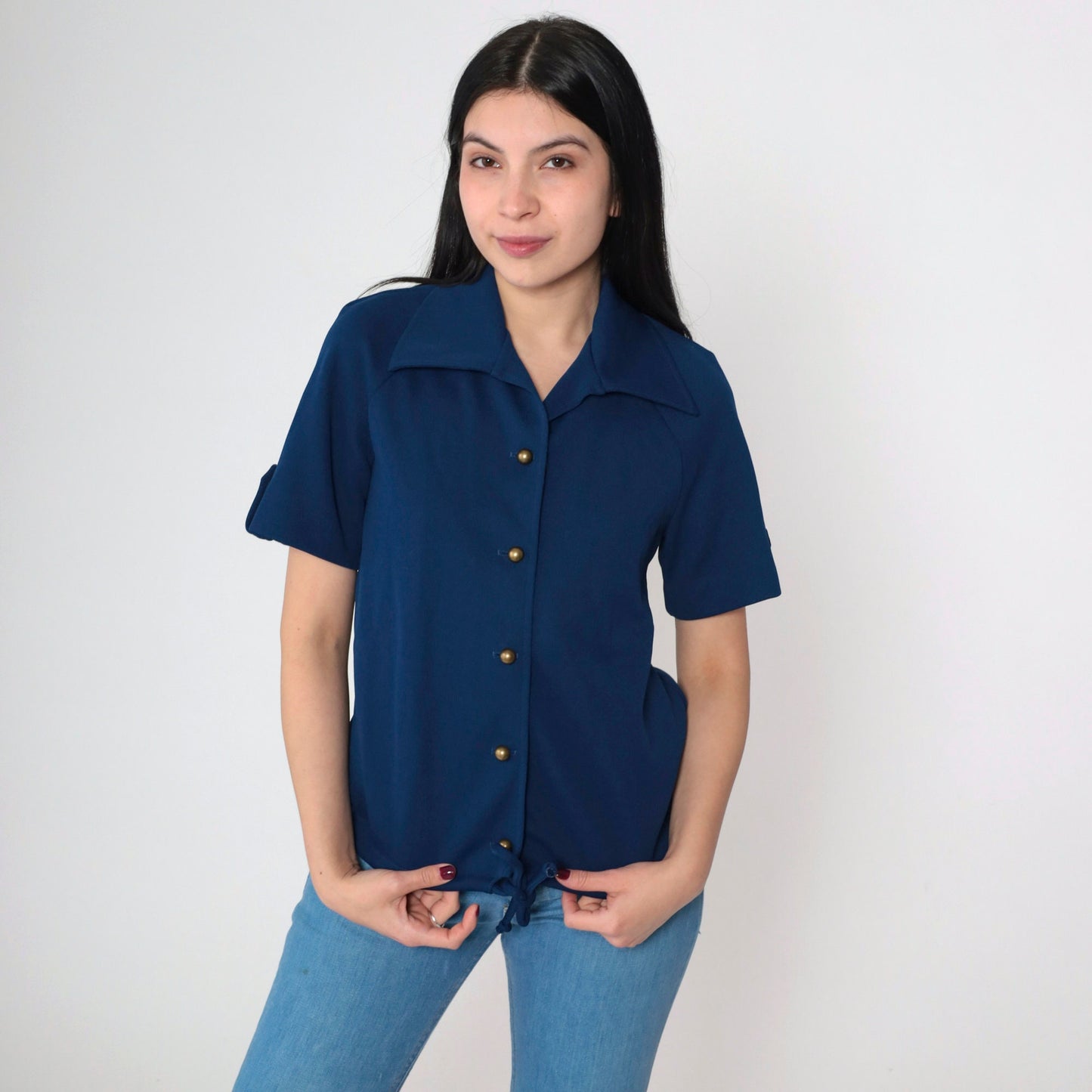 70s Navy Wing Collar Button-Up Blouse Short Roll Tab Sleeve Tie Front Medium
