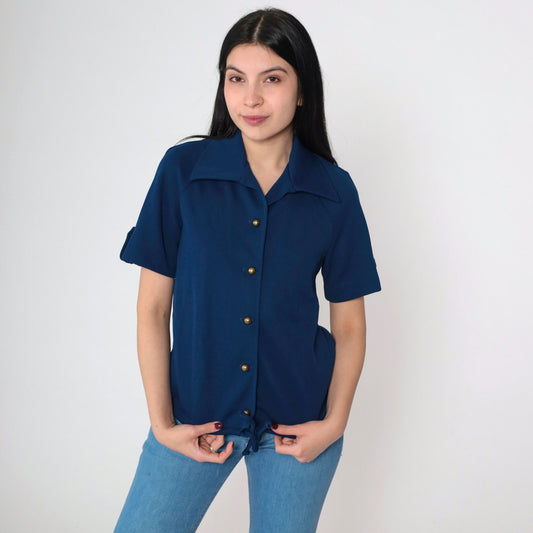70s Navy Wing Collar Button-Up Blouse Short Roll Tab Sleeve Tie Front Medium