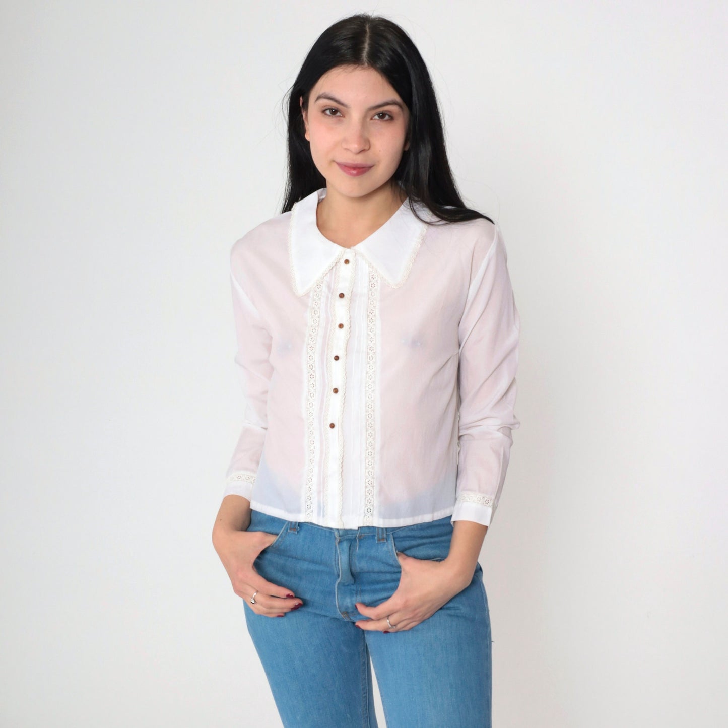 70s White Lace Cutout Blouse Floral Long Sleeve Button Up Medium M
