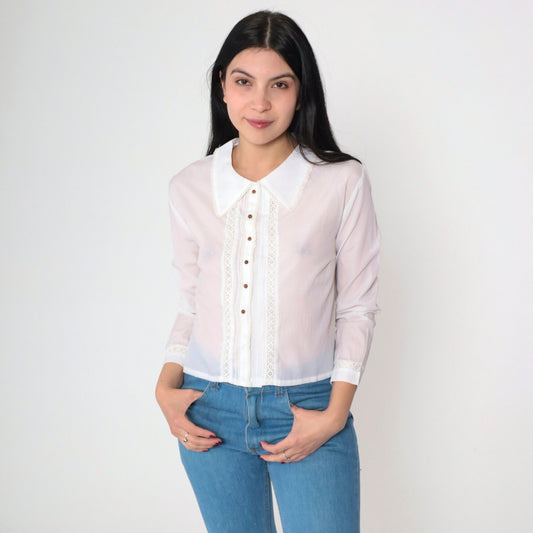 70s White Lace Cutout Blouse Floral Long Sleeve Button Up Medium M