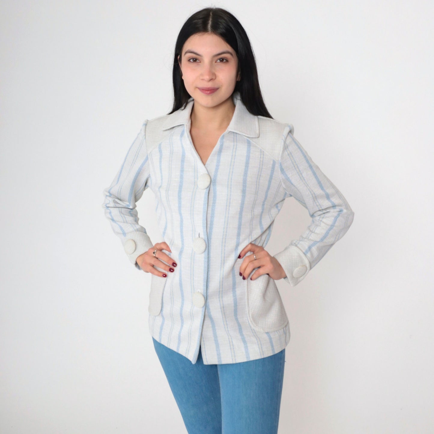 70s Striped Button-Up Blouse Grey Blue Vertical Stripes Collared V-Neck Medium