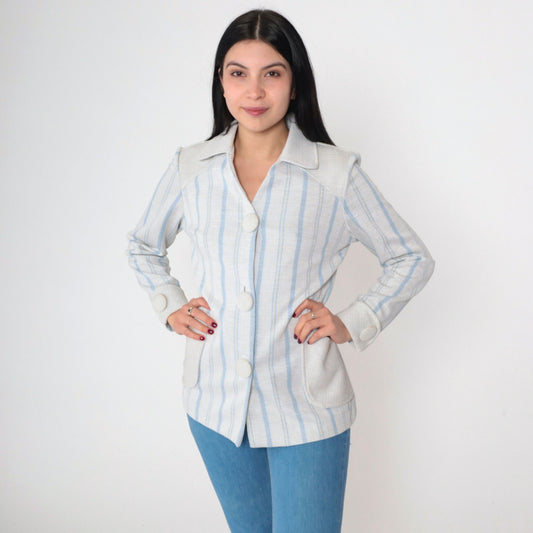 70s Striped Button-Up Blouse Grey Blue Vertical Stripes Collared V-Neck Medium