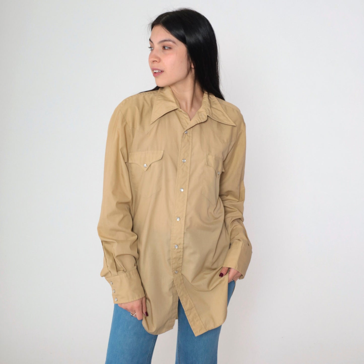 80s Miller Western Pearl Snap Shirt Tan Long Sleeve Button Up Mens Medium