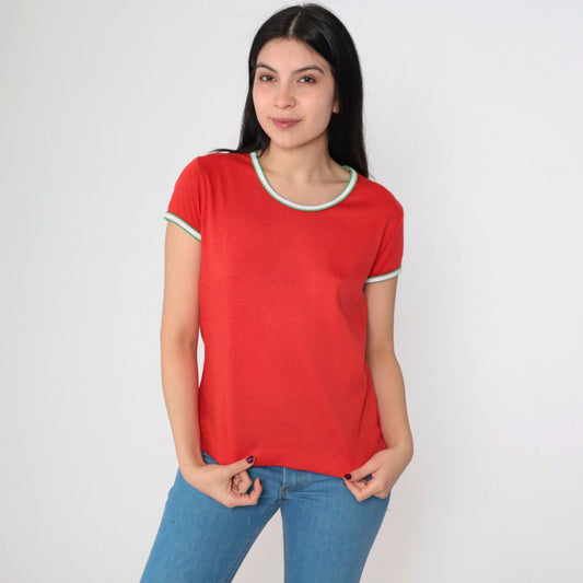 80s Red Ringer Tee Scoop Neck T-Shirt Green White Trim Medium
