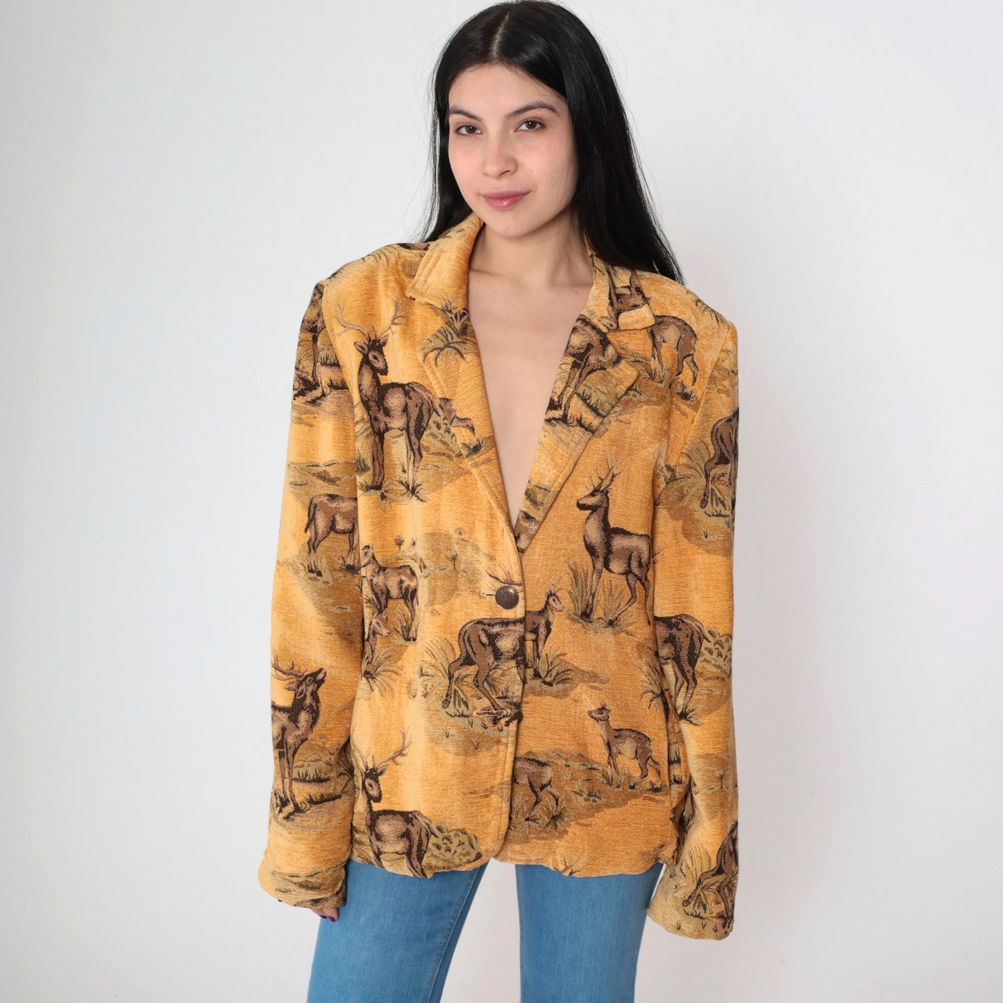 90s Solei Deer Jacket Single Button Blazer Woven Animal Print Large L