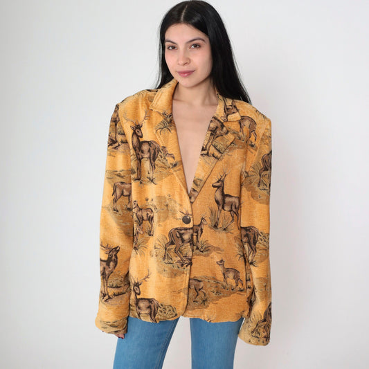90s Solei Deer Jacket Single Button Blazer Woven Animal Print Large L