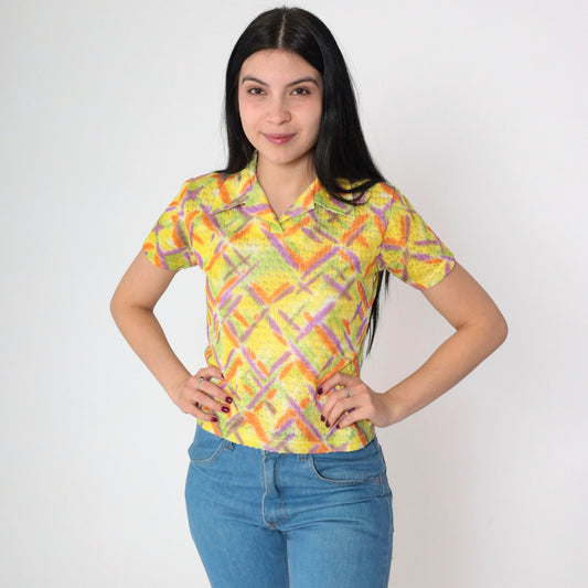 00s Metallic Abstract Criss Cross Collared Shirt Yellow Geometric Small S