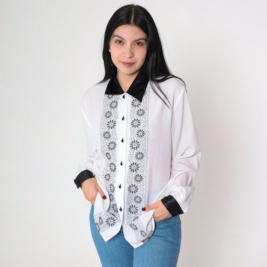 90s Claudia Richard Floral Embroidered Blouse White Black Flower Long Sleeve Medium
