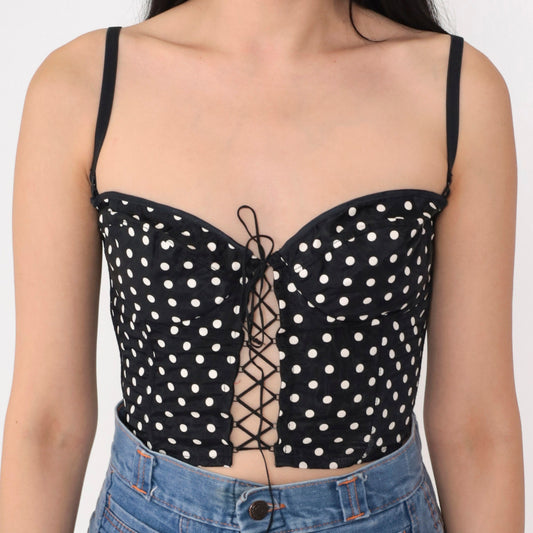 80s Emil Bole Polka Dot Bustier Crop Top Black White Lace Up Small
