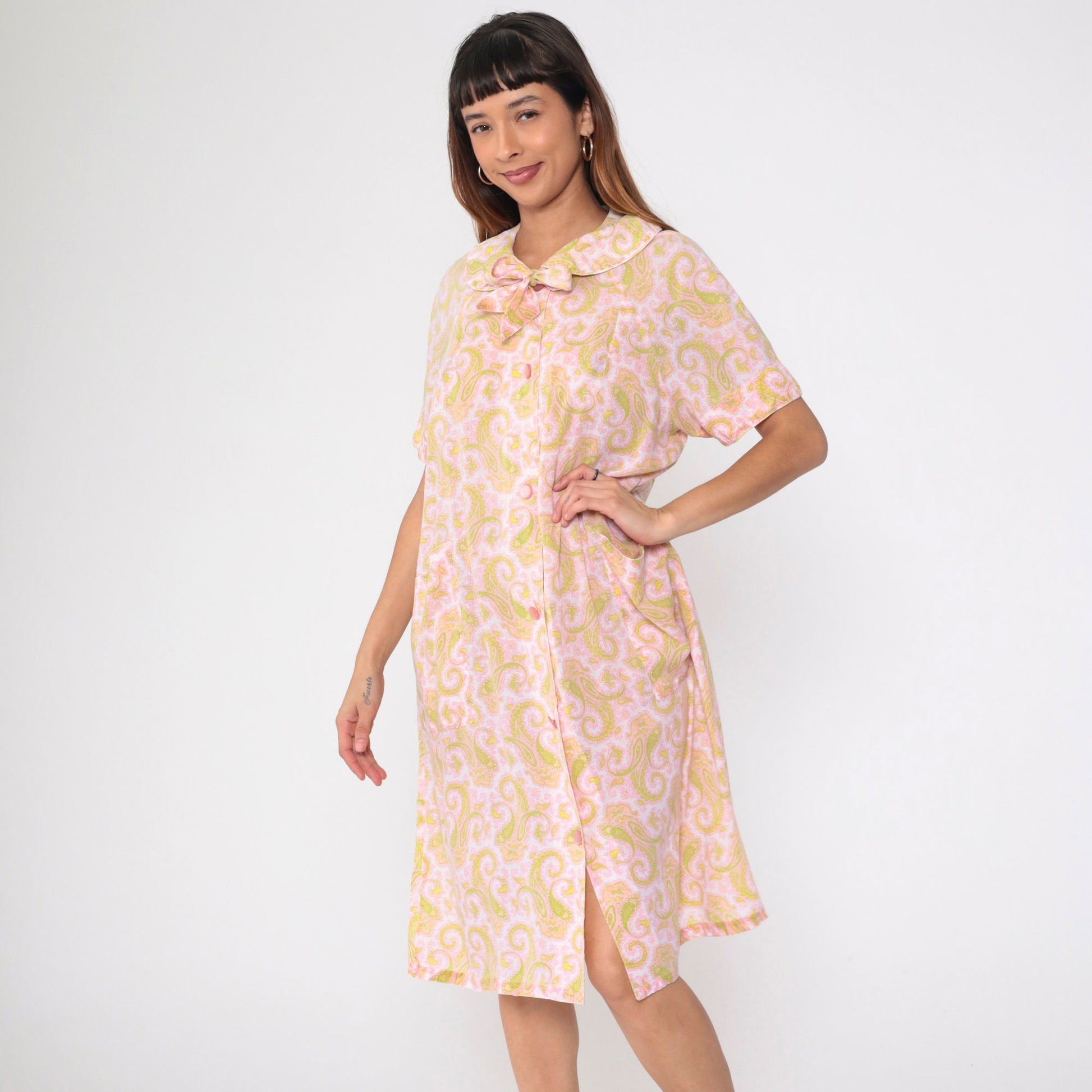 60s Paisley Nightgown Peter Pan Collar Button-Up Midi Shift Dress Pink Green Large L