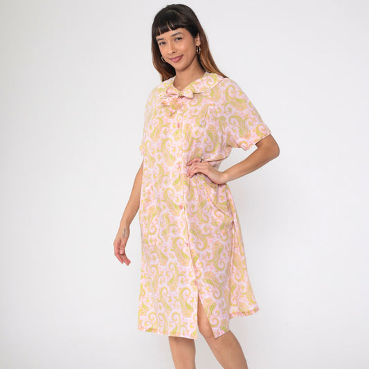 60s Paisley Nightgown Peter Pan Collar Button-Up Midi Shift Dress Pink Green Large L
