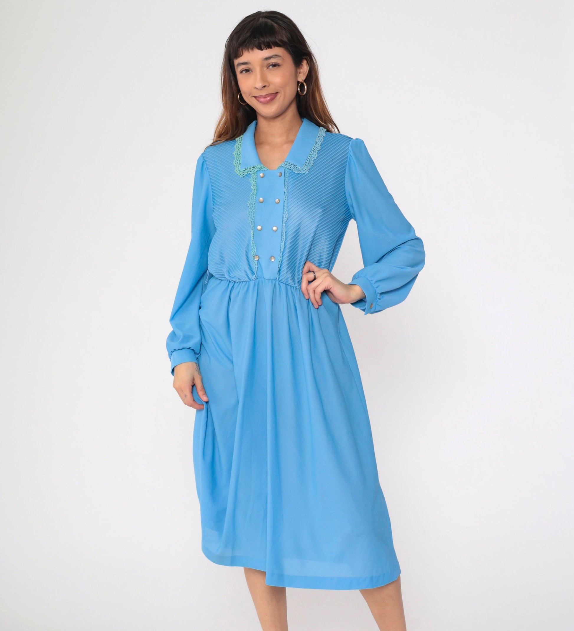 70s Blue Midi Shirtdress Pintuck Lace Trim Puff Sleeve High Waist Medium