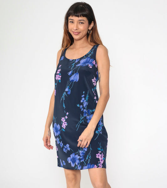 90s Hillard & Hanson Floral Mini Shift Dress Navy Sleeveless Small