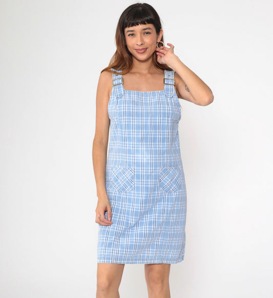 90s Blue Plaid Jumper Dress Mini Sleeveless Buckle Strap Pinafore Medium