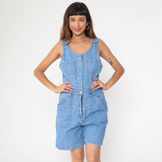 90s Gloria Vanderbilt Denim Romper Playsuit Utility Pockets Sleeveless Small