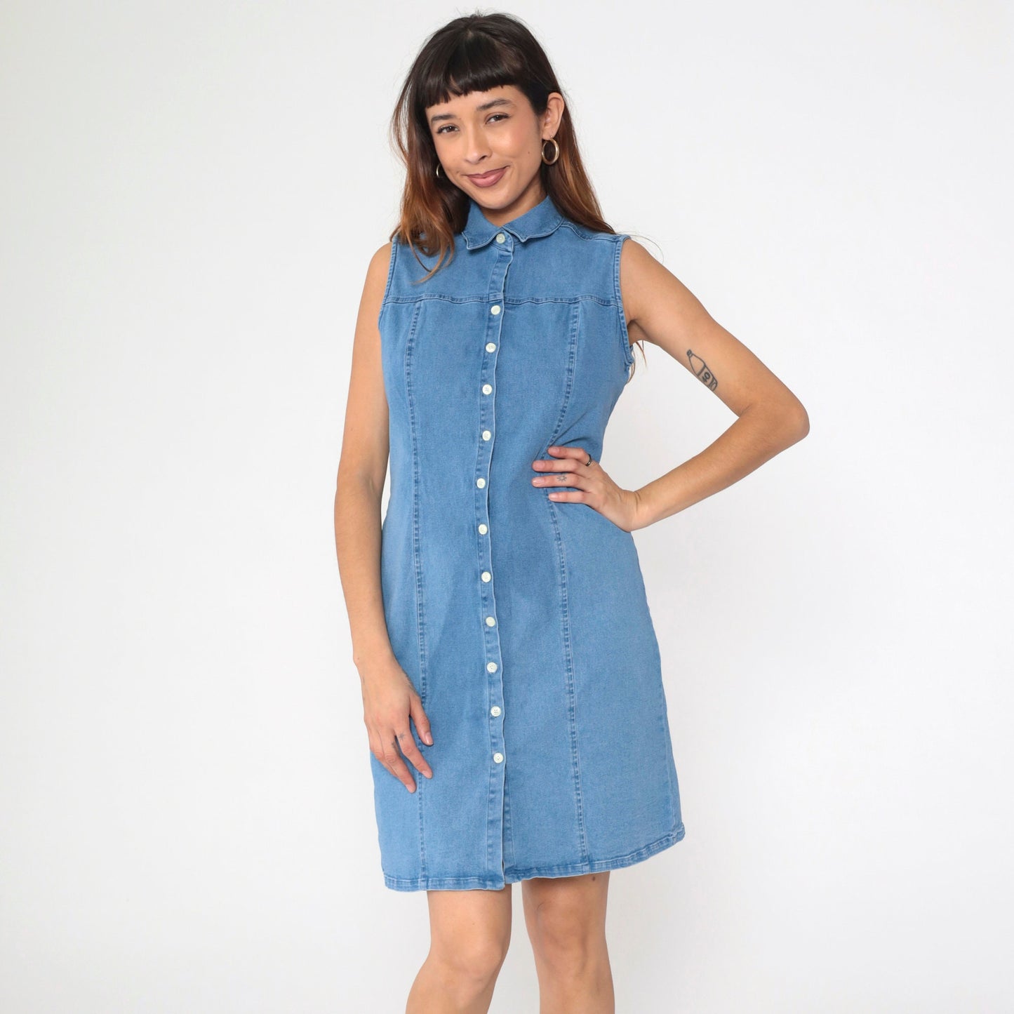90s Charter Club Denim Mini Dress Button-Up Sleeveless Sheath Blue Medium Petite