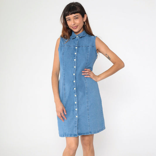 90s Charter Club Denim Mini Dress Button-Up Sleeveless Sheath Blue Medium Petite