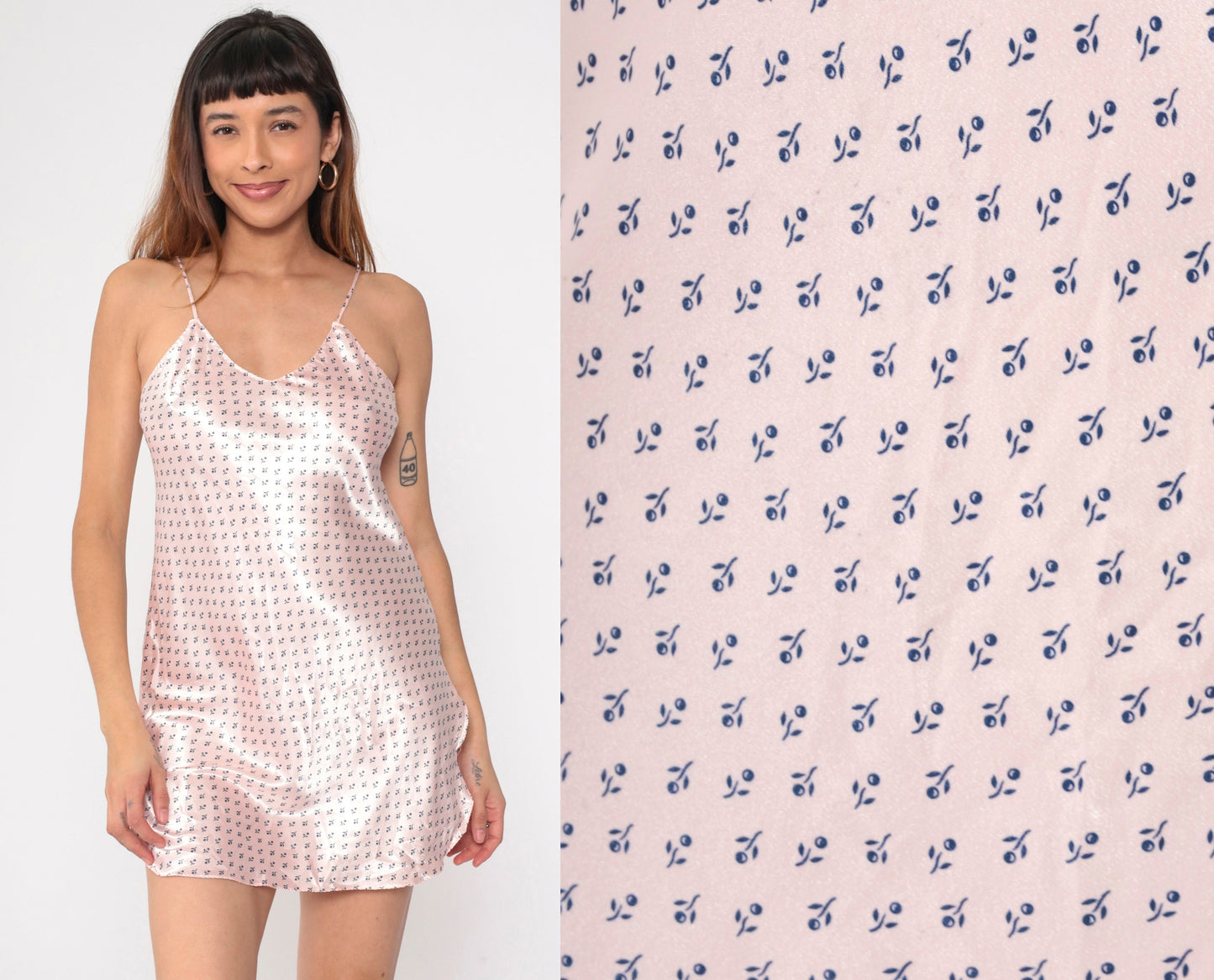 90s Baby Pink Satin Slip Dress Floral V Neck Mini Small