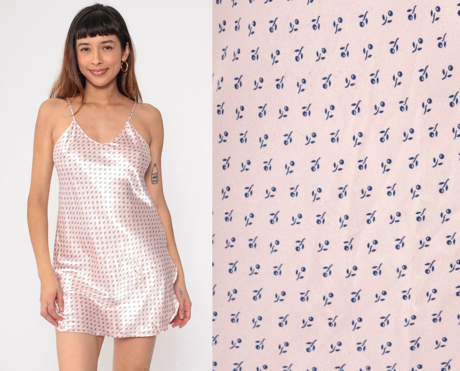 90s Baby Pink Satin Slip Dress Floral V Neck Mini Small