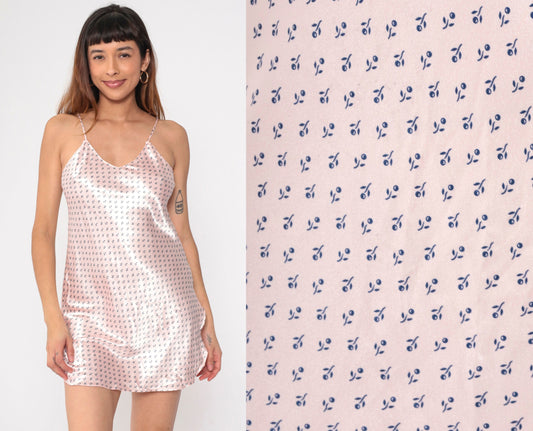 90s Baby Pink Satin Slip Dress Floral V Neck Mini Small