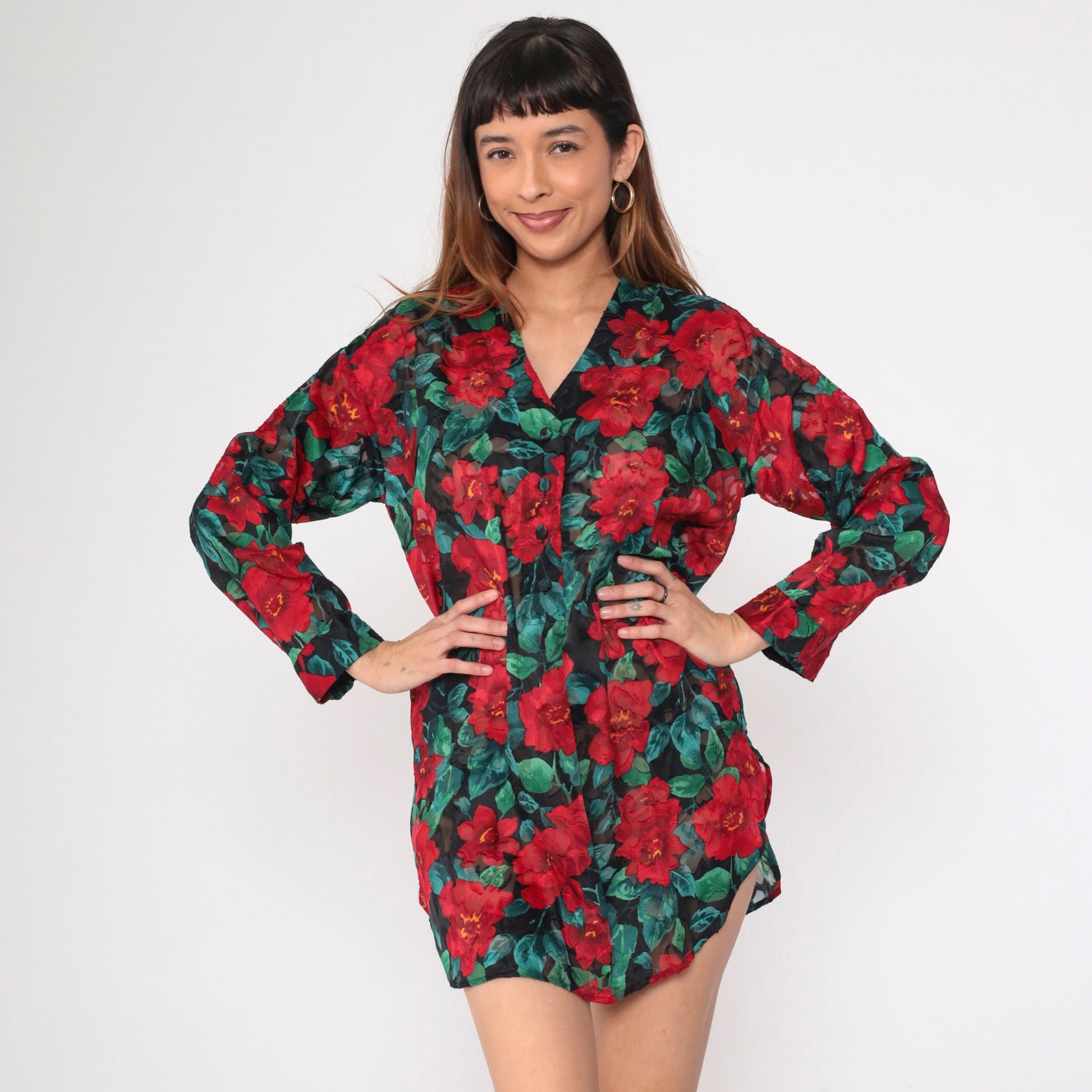 90s Victoria's Secret Floral Burnout Nightgown Long Sleeve Button Up Mini Red Small