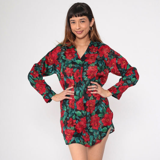 90s Victoria's Secret Floral Burnout Nightgown Long Sleeve Button Up Mini Red Small