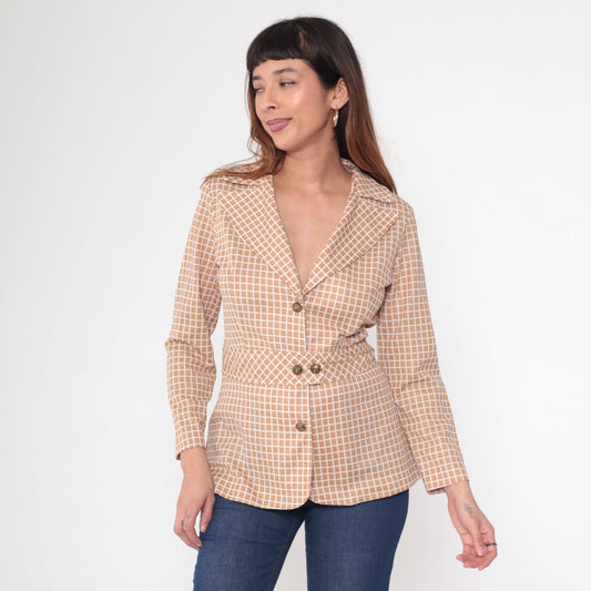 70s Tan Checkered Blazer Windowpane Button-Up Jacket Small