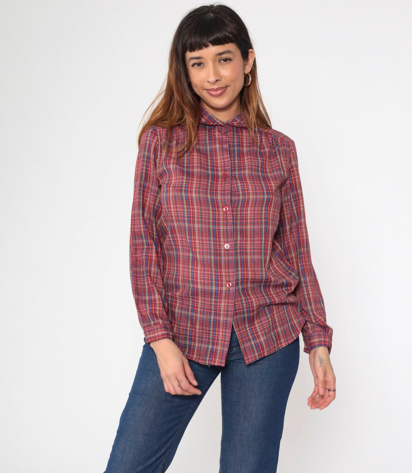 70s Plaid Button-Up Shirt Multicolored Tartan Collared Long Sleeve Small S