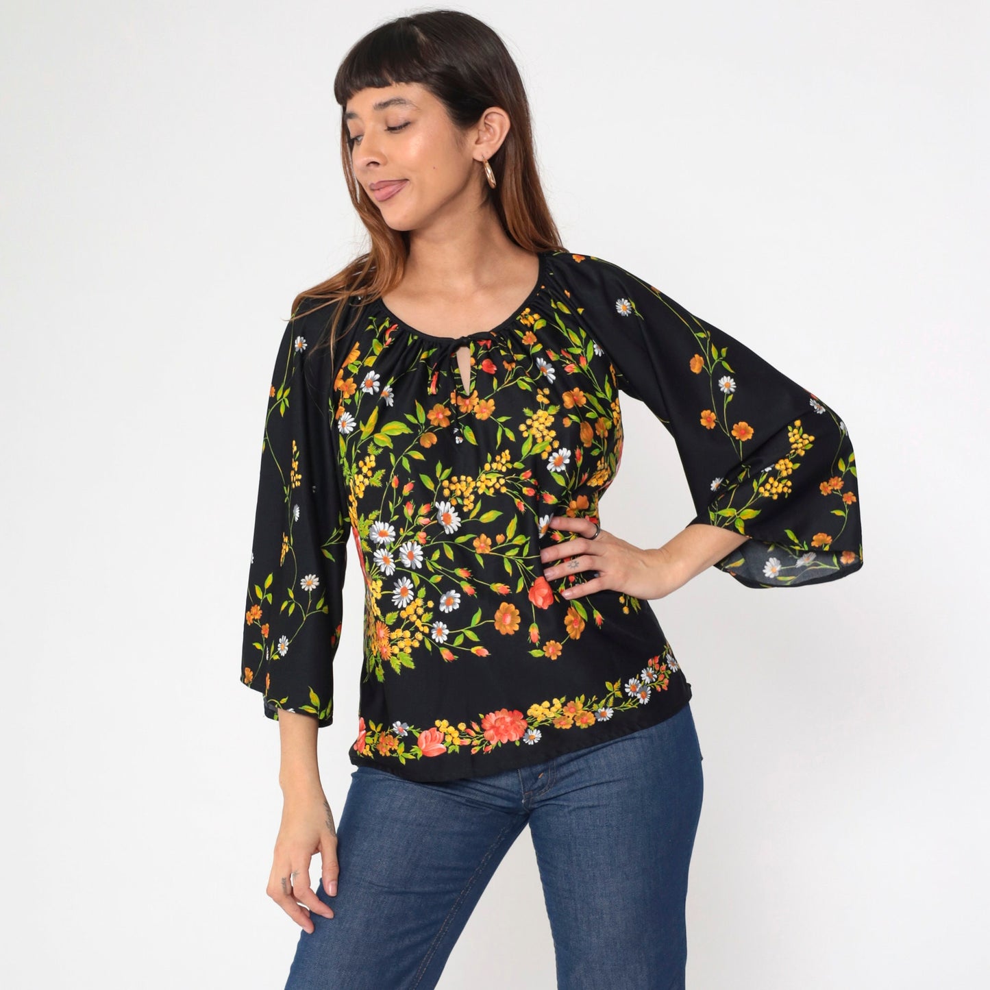 70s Teddi Of California Floral Blouse Black Bell Sleeve Keyhole Neck Medium Large