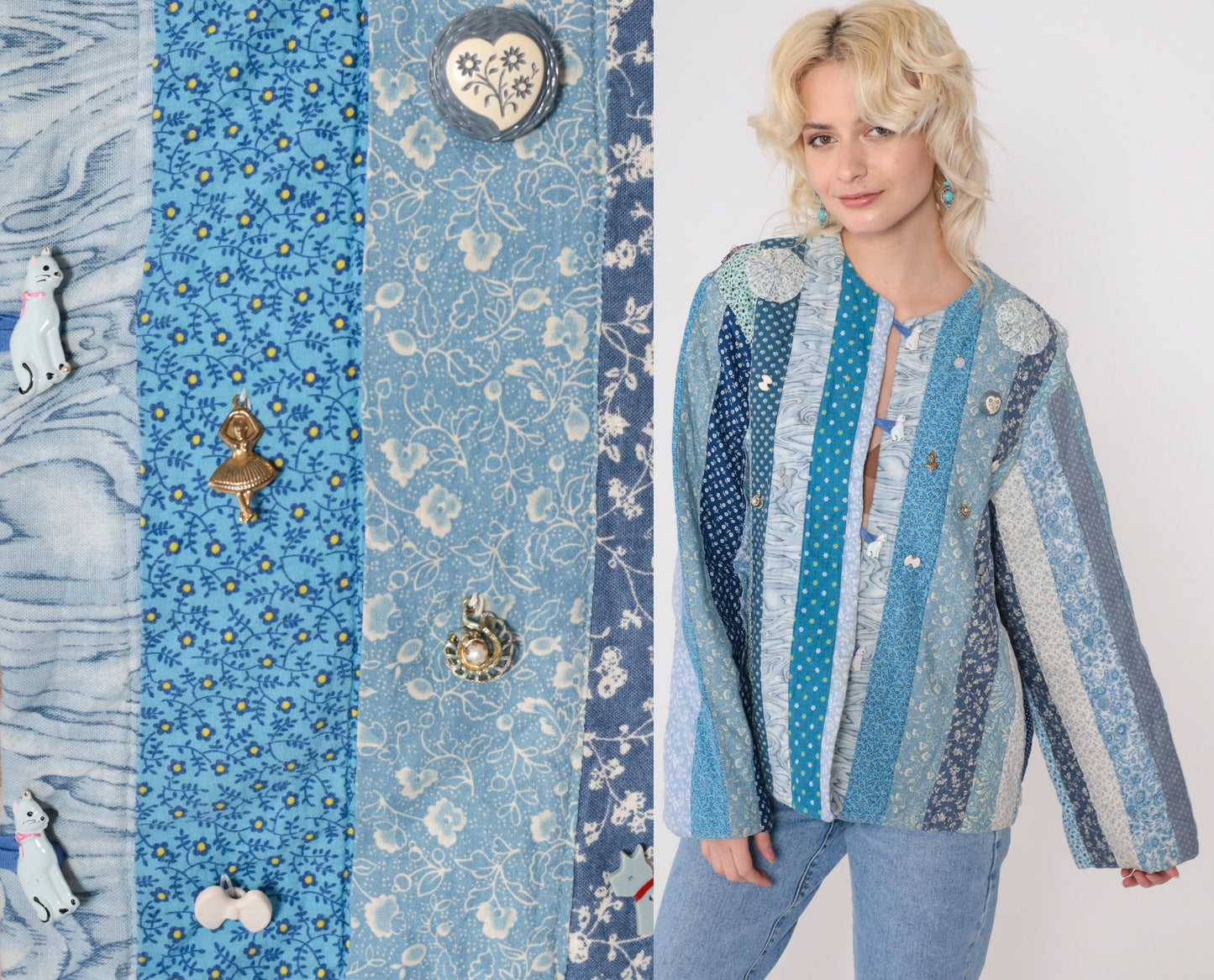 90s Patchwork Jacket Floral Quilt Blue Girl Cat Dog Button Charm Large L