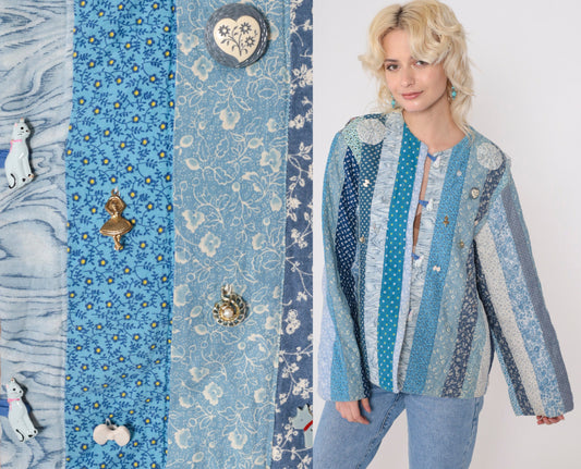 90s Patchwork Jacket Floral Quilt Blue Girl Cat Dog Button Charm Large L