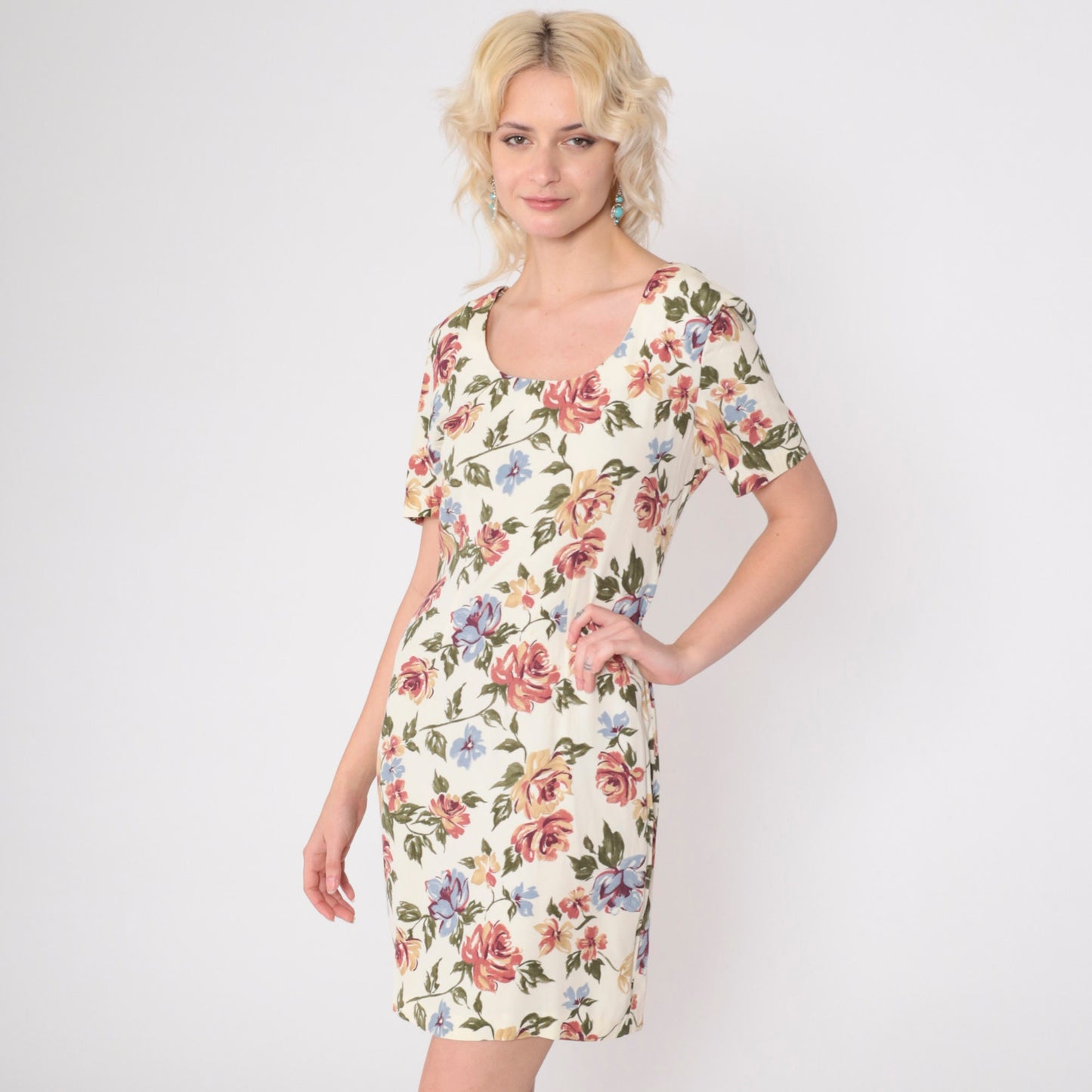 90s Pale Yellow Floral Mini Dress Scoop Neck Short Sleeve Small