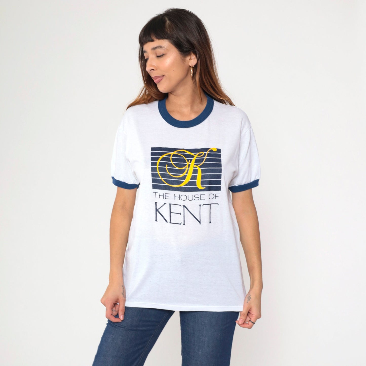 80s House of Kent Ringer Tee White Blue Trim Graphic T-Shirt Medium