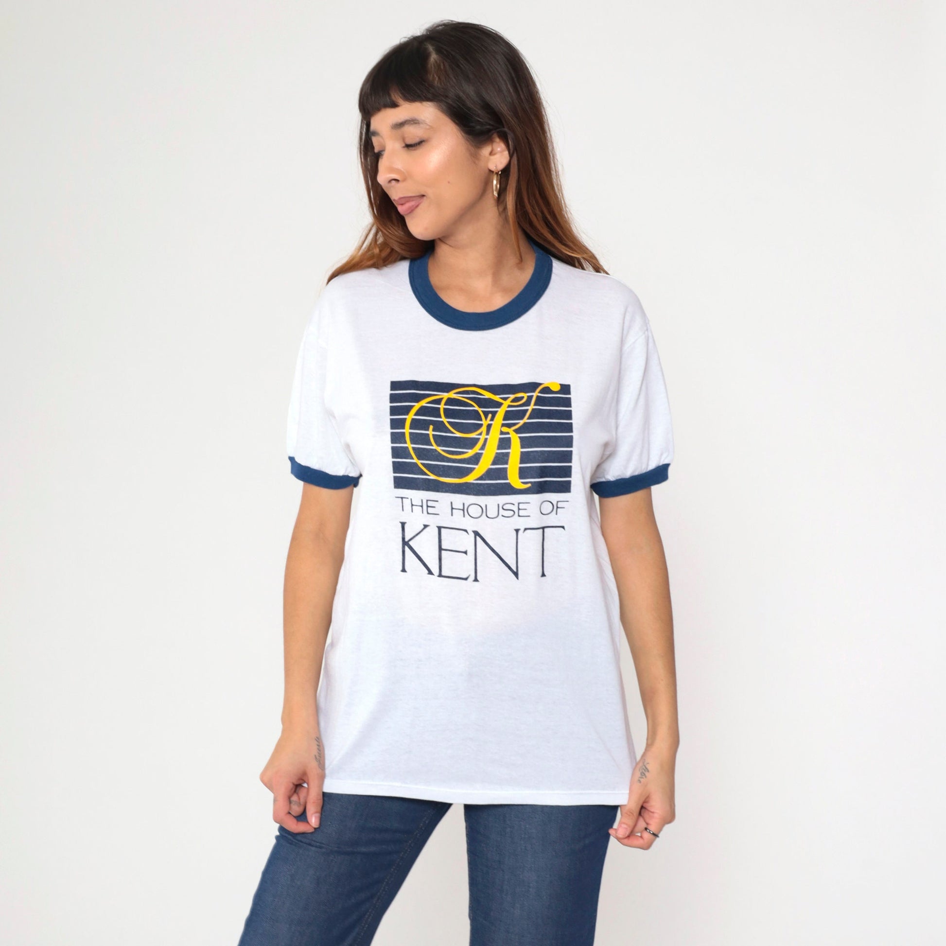 80s House of Kent Ringer Tee White Blue Trim Graphic T-Shirt Medium