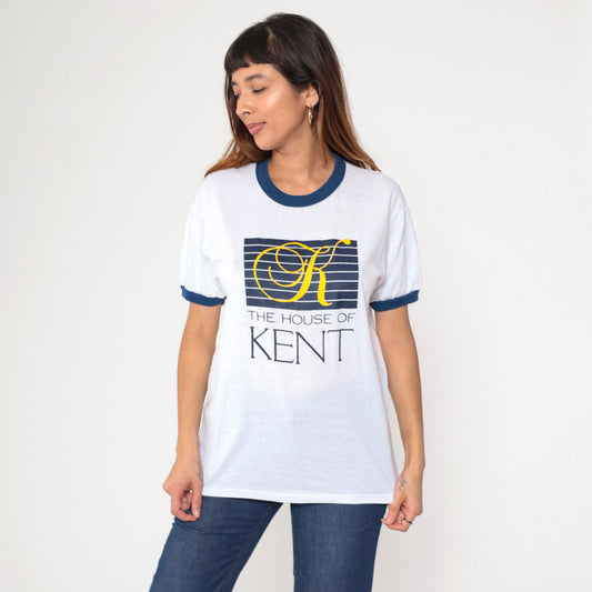 80s House of Kent Ringer Tee White Blue Trim Graphic T-Shirt Medium