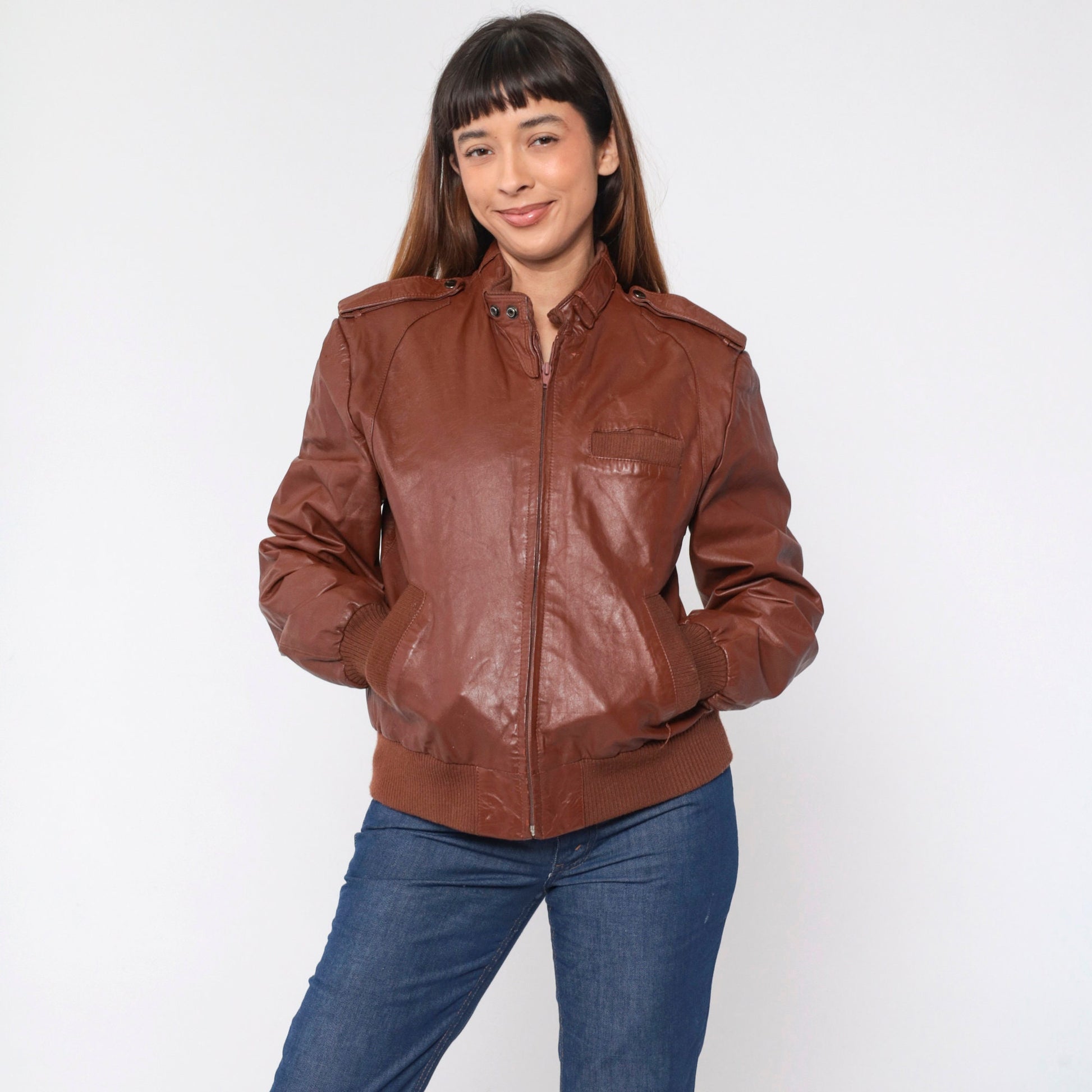 80s Brown Leather Bomber Jacket Moto Zip Shoulder Epaulette Men's Medium