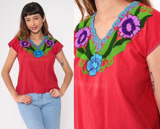 90s Mexican Embroidered Floral Blouse Red V-Neck Short Sleeve Small Medium
