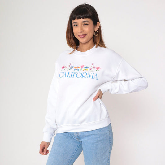 90s California Butterfly Floral Graphic Sweatshirt White Crewneck Small