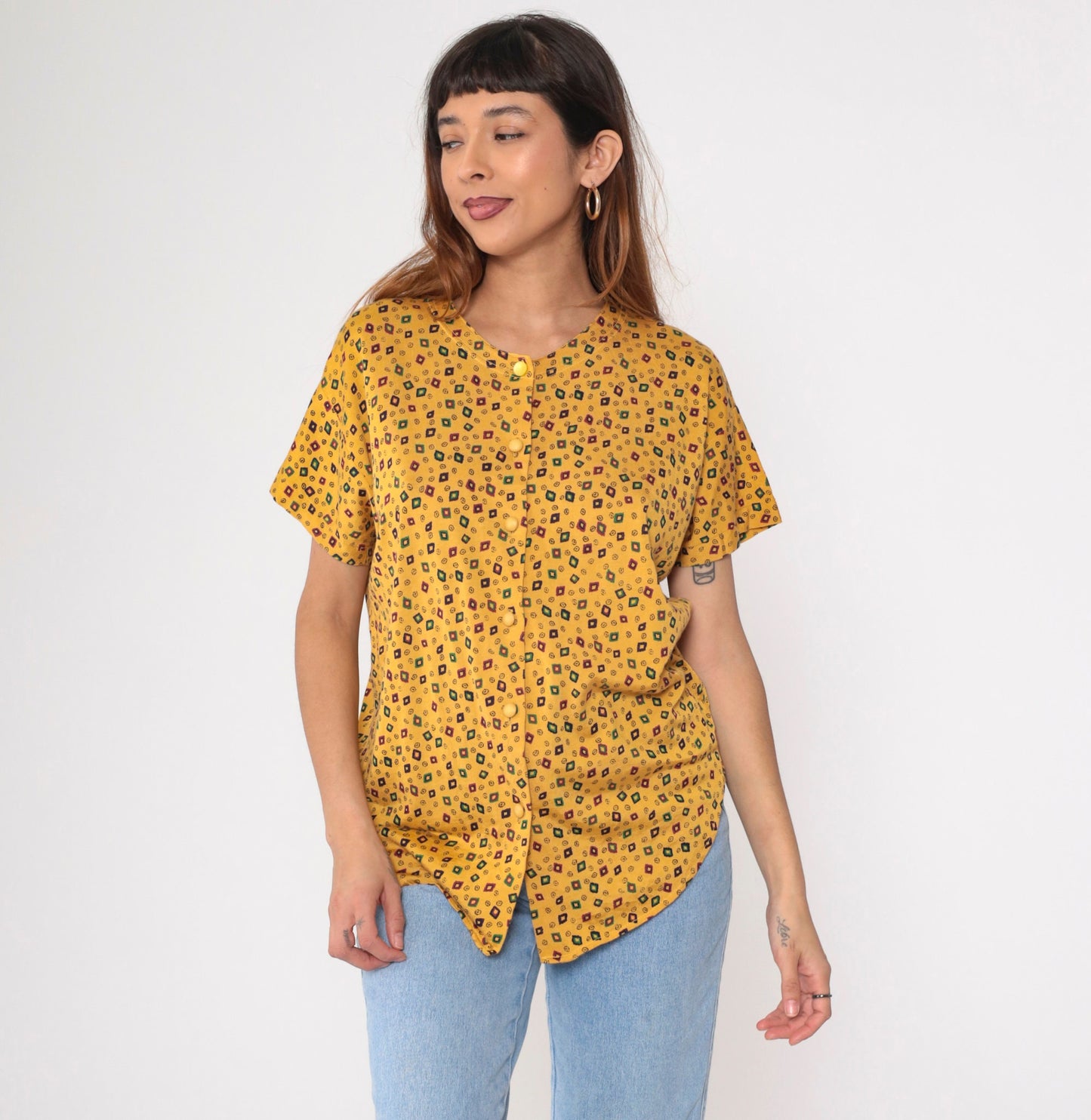 90s Yellow Geometric Diamond Print Button-Up Blouse Short Sleeve Medium