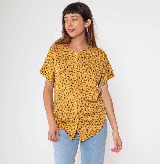 90s Yellow Geometric Diamond Print Button-Up Blouse Short Sleeve Medium