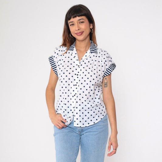 80s White Navy Polka Dot Button-Up Blouse Striped Collar Cap Sleeve Medium