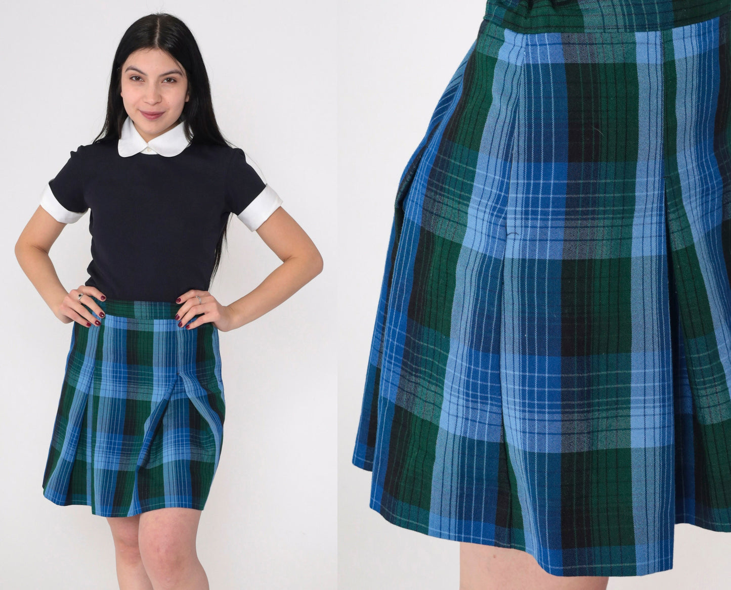 Y2K Plaid Mini Skirt High Waisted Pleated Blue Green Tartan Medium M
