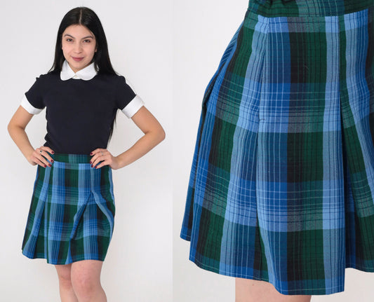 Y2K Plaid Mini Skirt High Waisted Pleated Blue Green Tartan Medium M